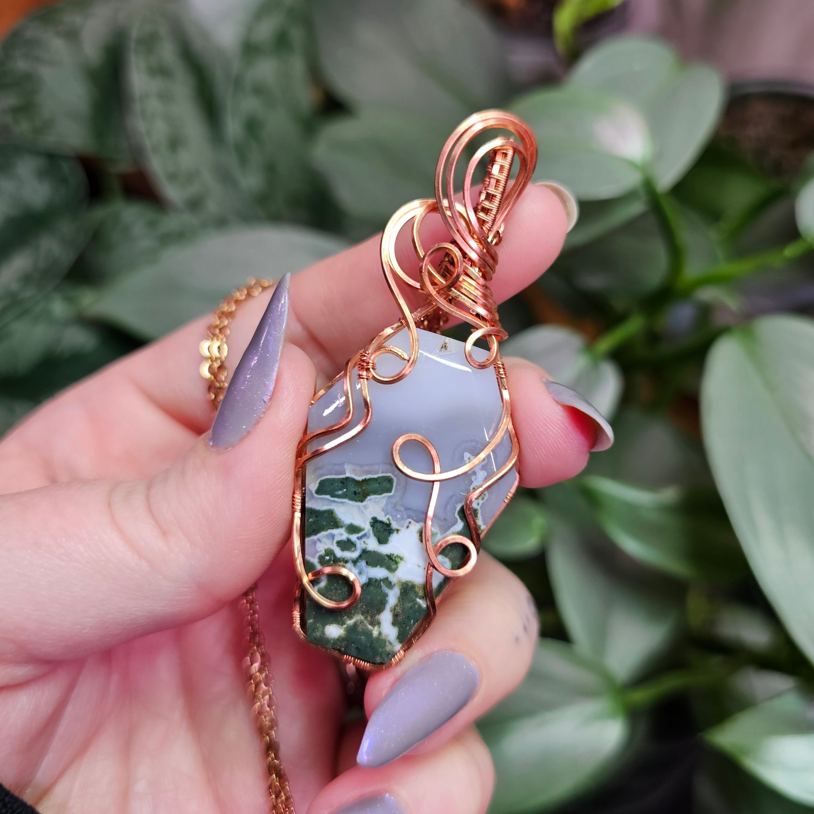 Blue Moss Agate Coffin Necklace in Copper