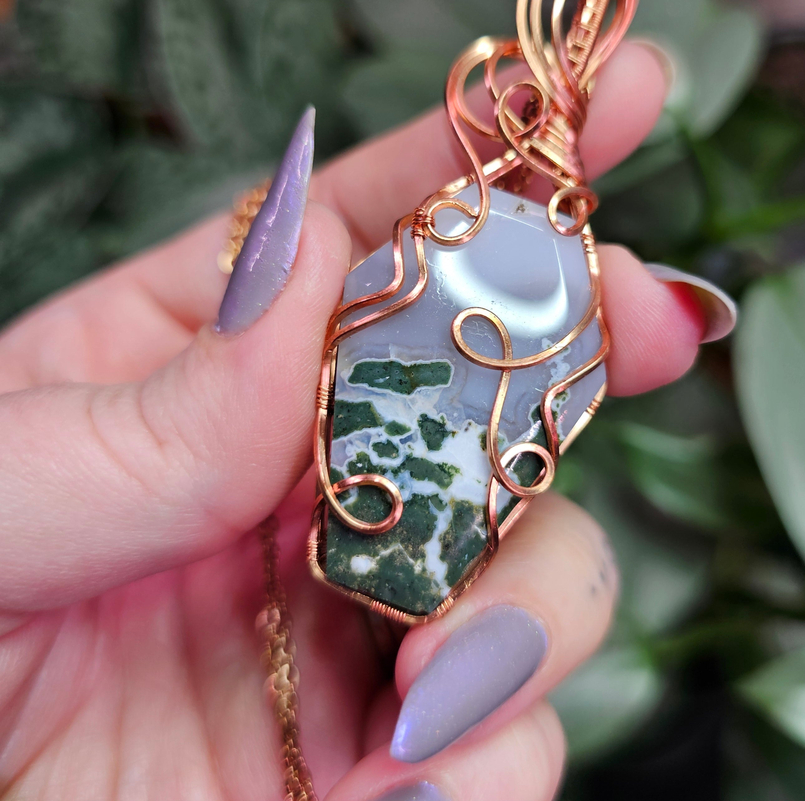 Blue Moss Agate Coffin Necklace in Copper