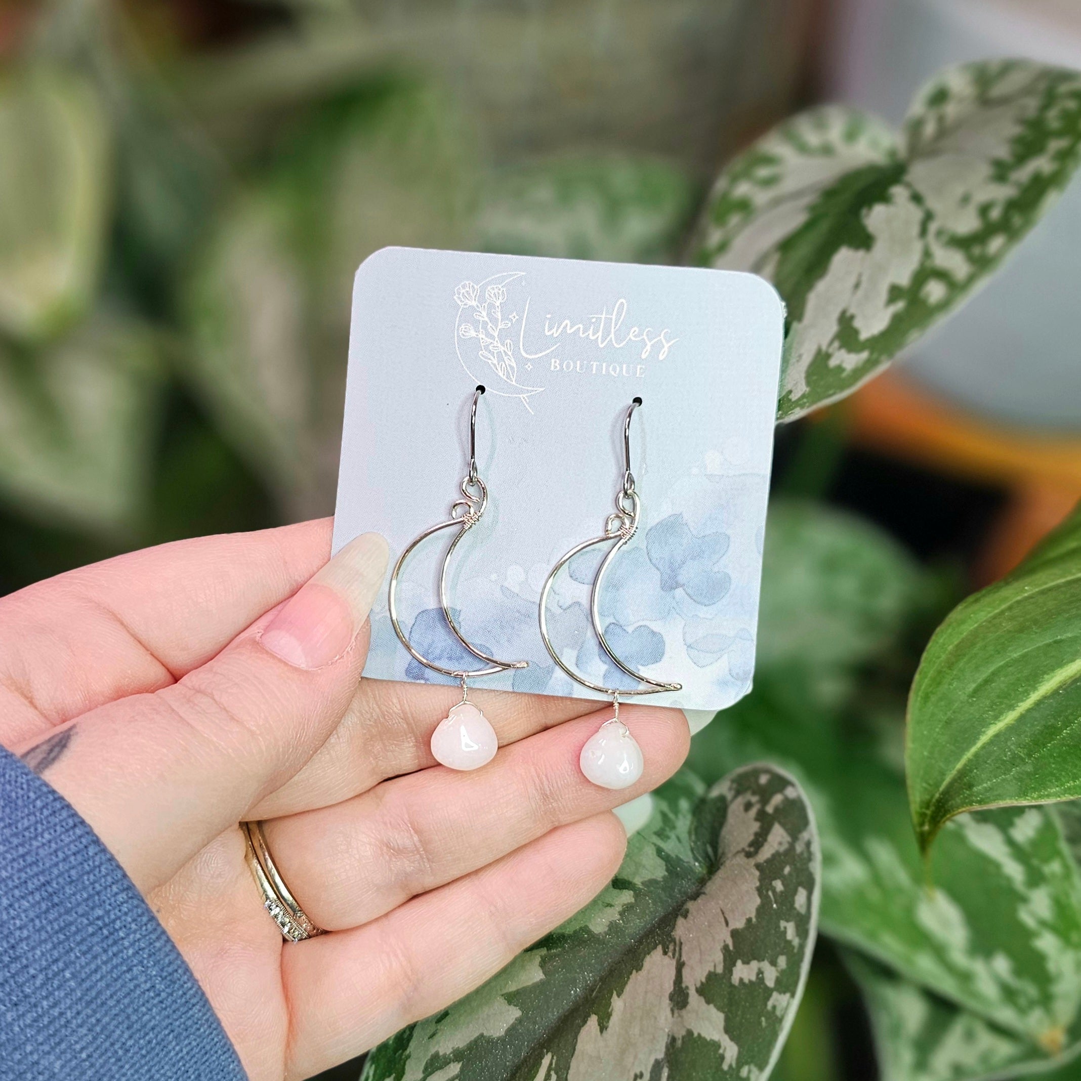 Pink Opal Moon Drop Earrings - Silver