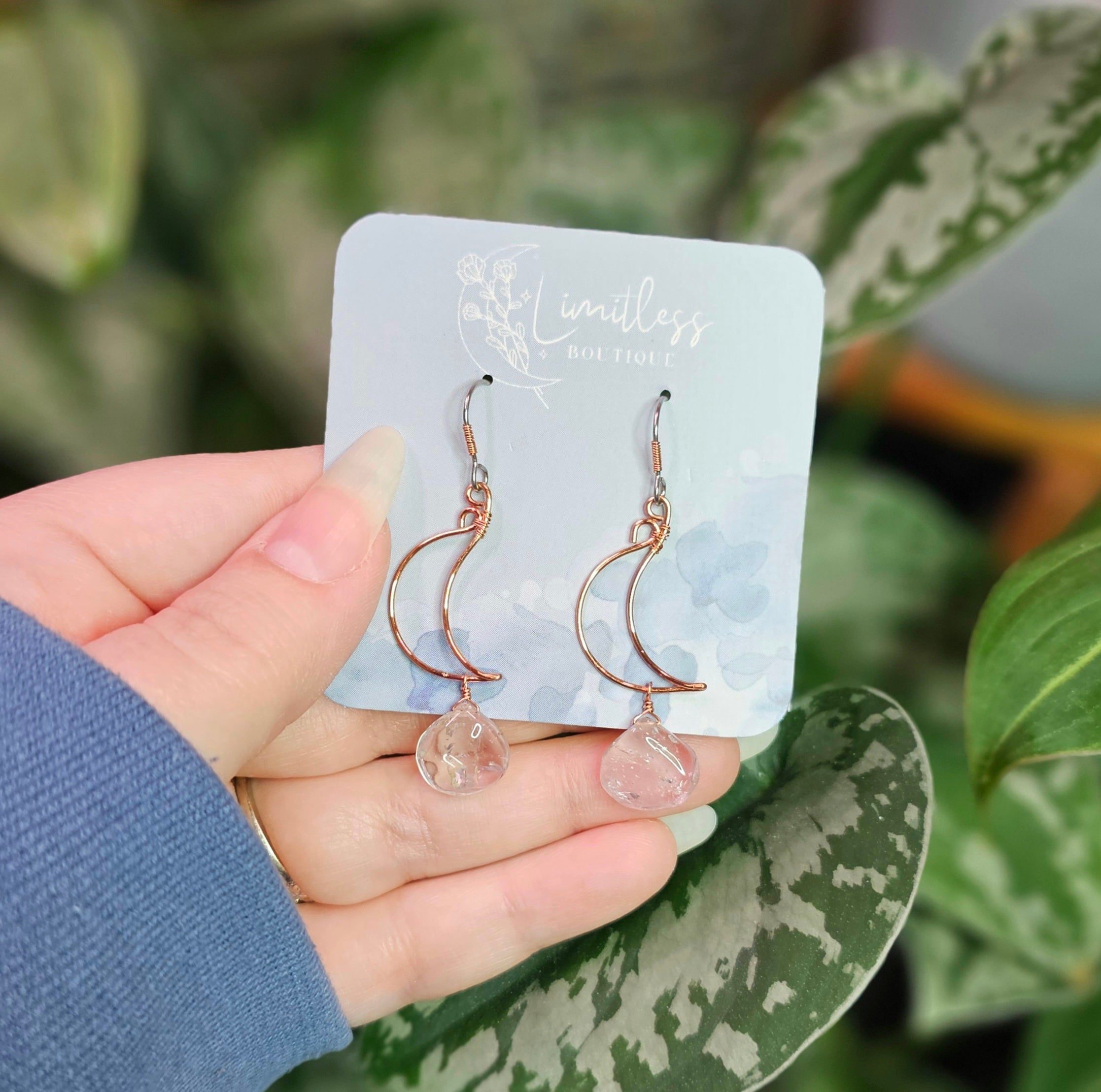 Lavender Amethyst Moon Drop Earrings - Copper