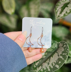 Sunstone Moon Drop Earrings - Copper