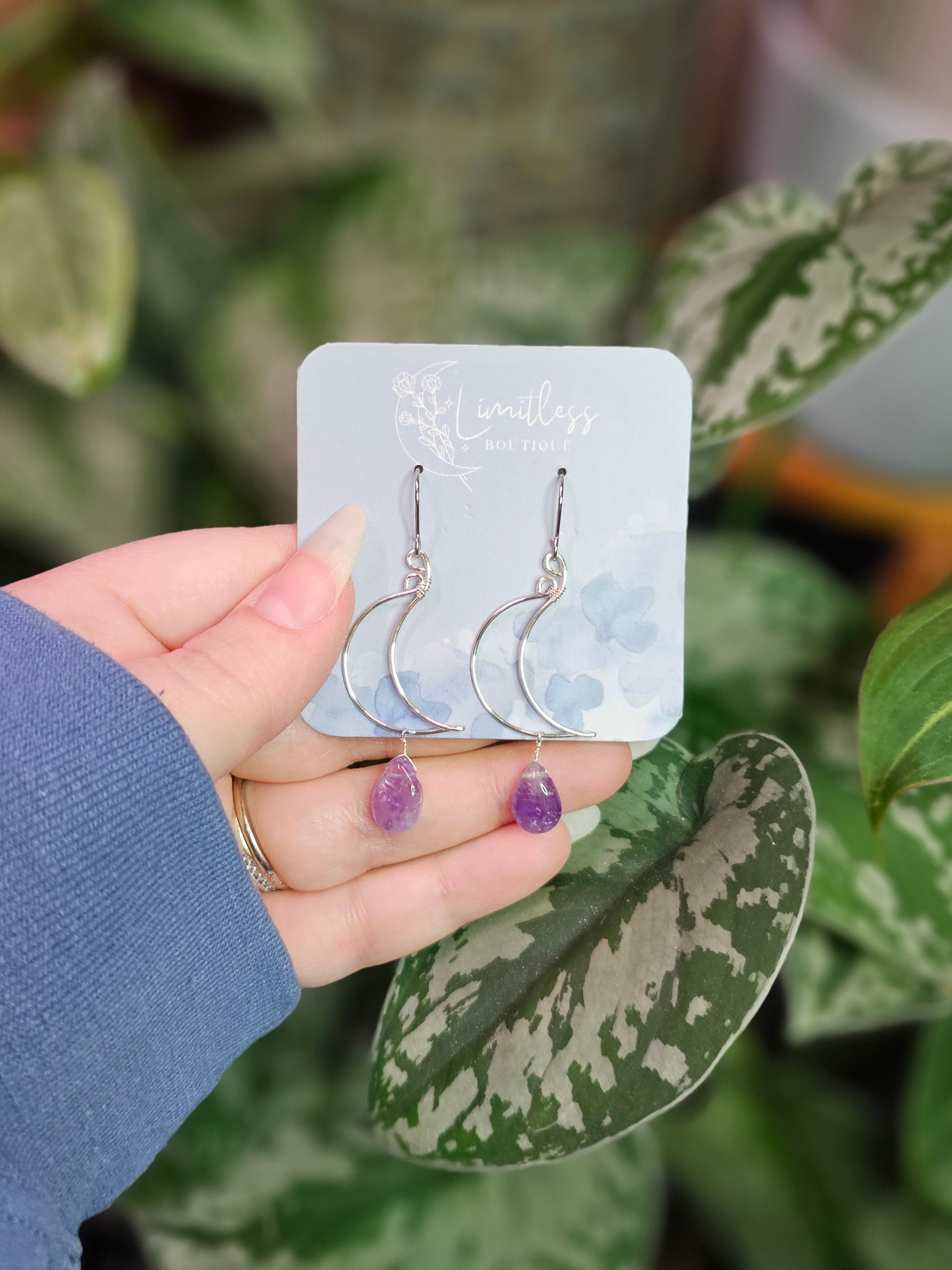 Amethyst Moon Drop Earrings - Silver