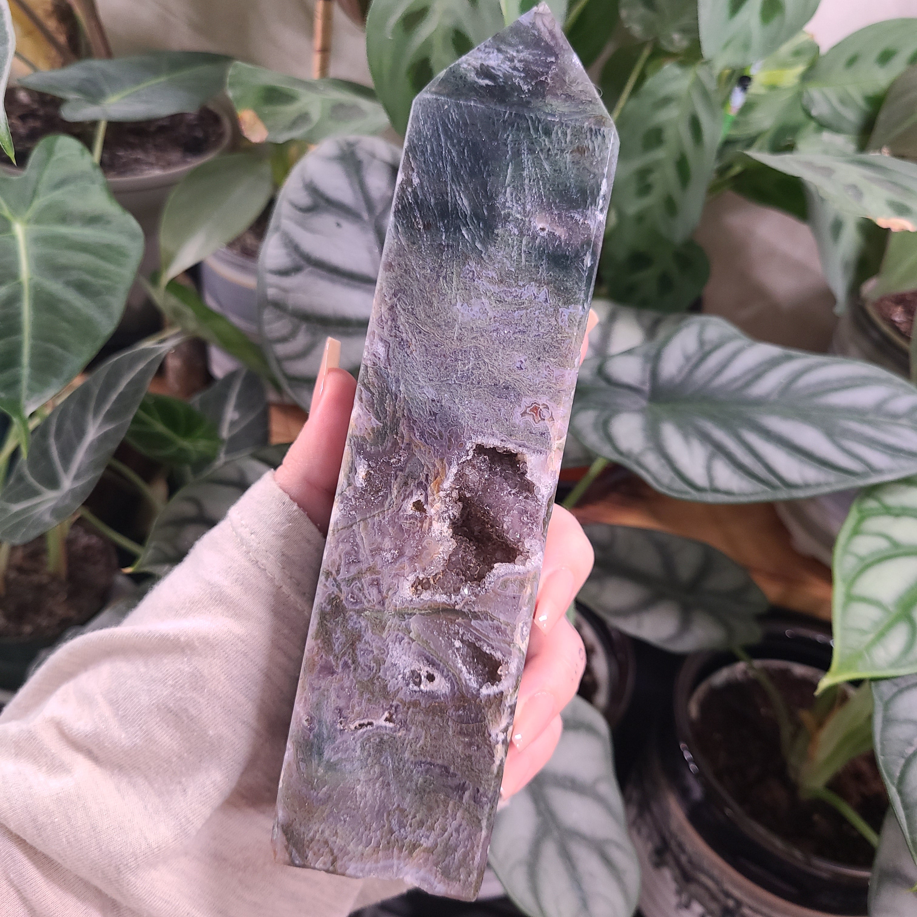 Moss Agate with Amethyst Obelisk - F