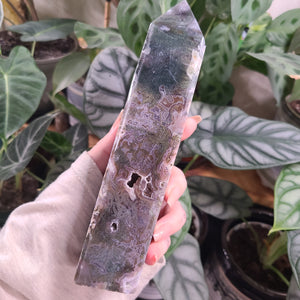 Moss Agate with Amethyst Obelisk - F