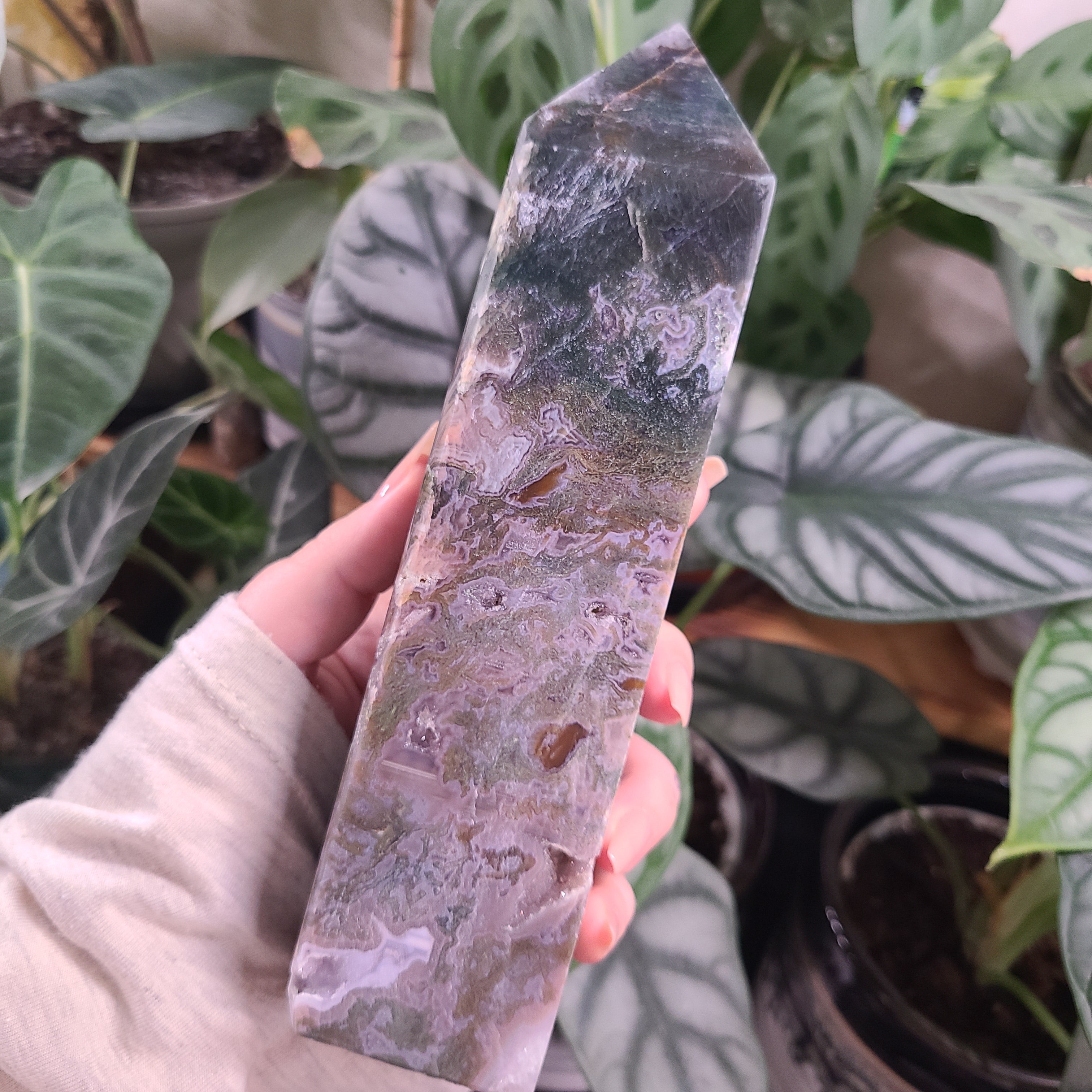 Moss Agate with Amethyst Obelisk - F