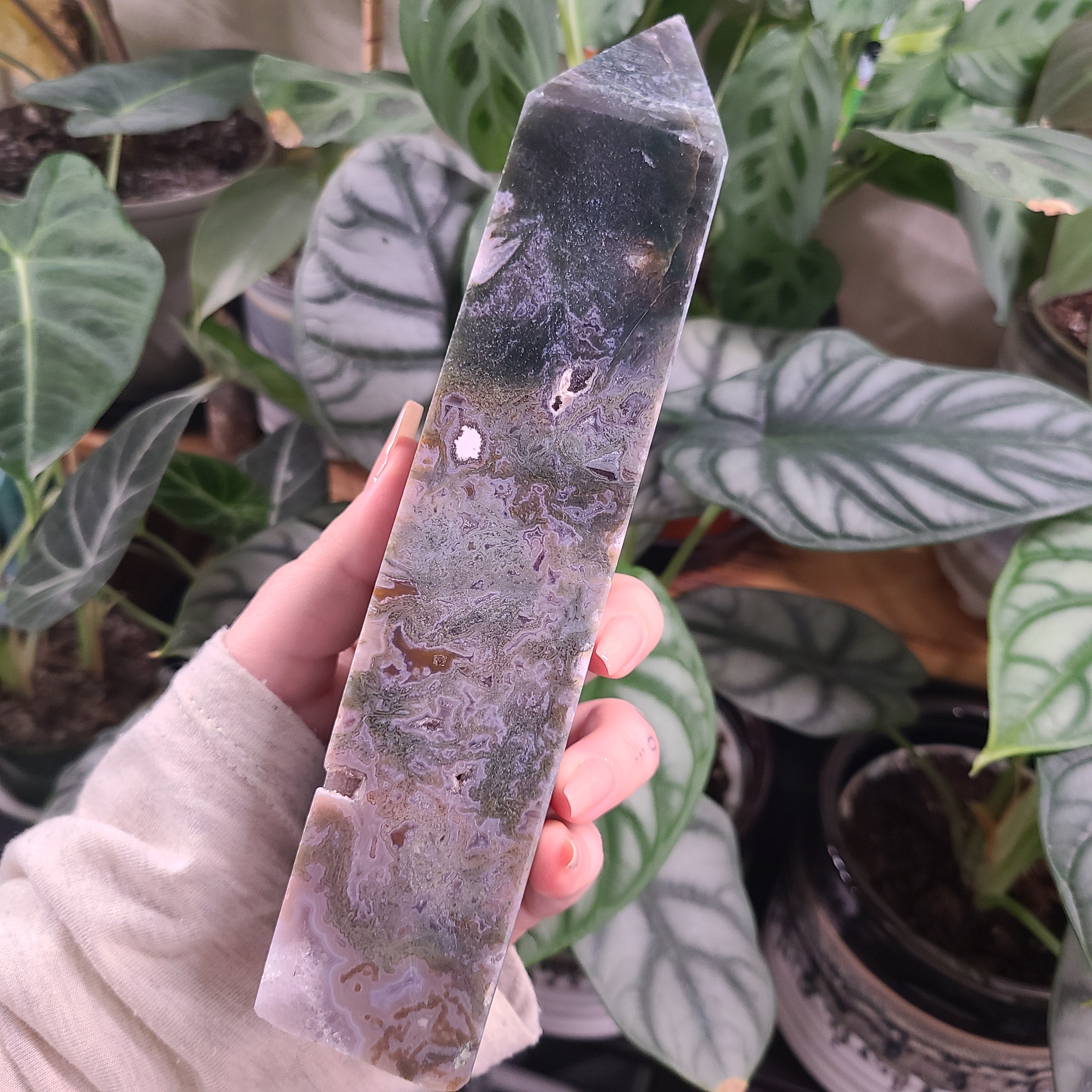 Moss Agate with Amethyst Obelisk - F