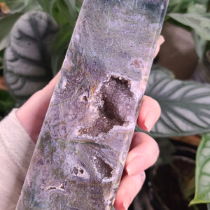 Moss Agate with Amethyst Obelisk - F