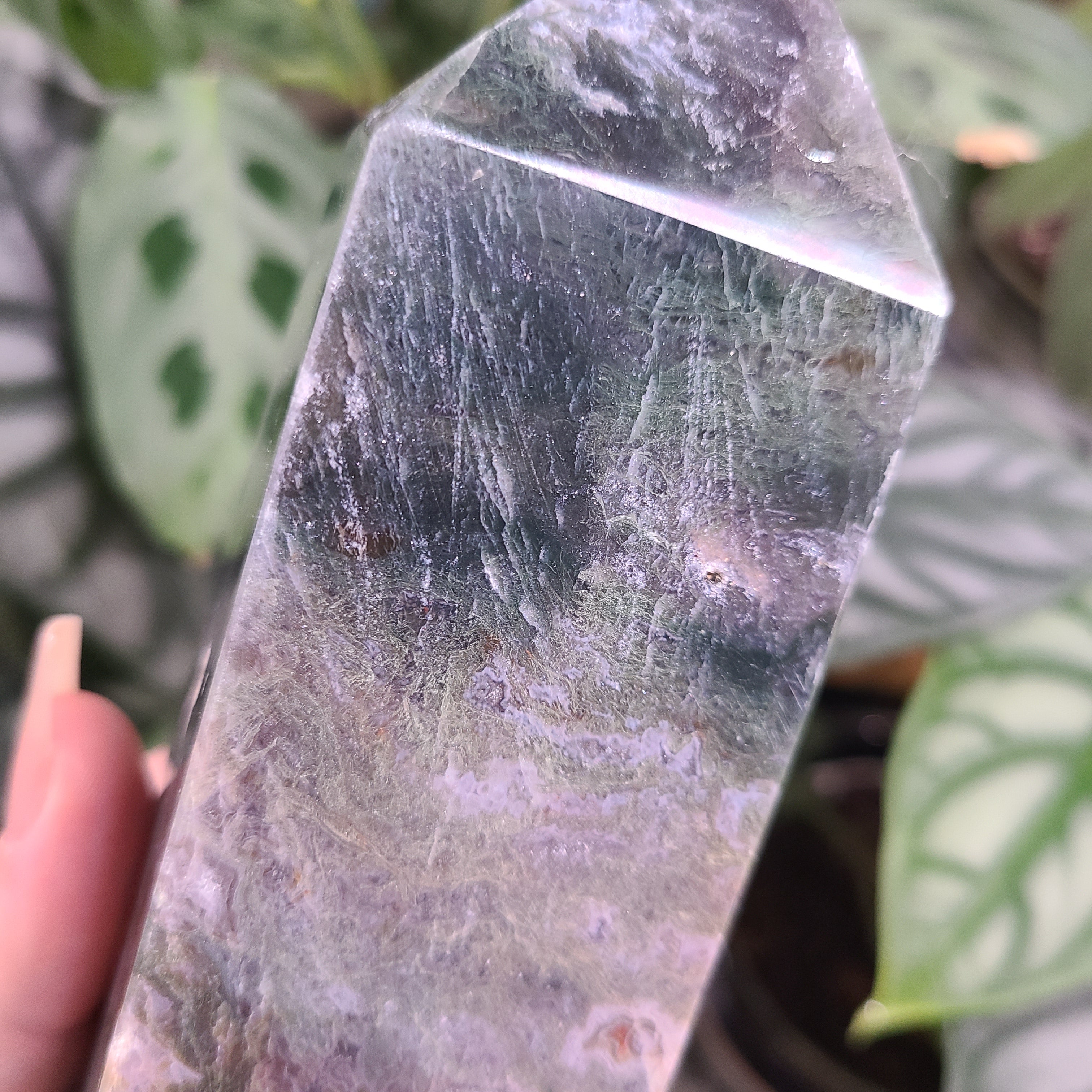 Moss Agate with Amethyst Obelisk - F