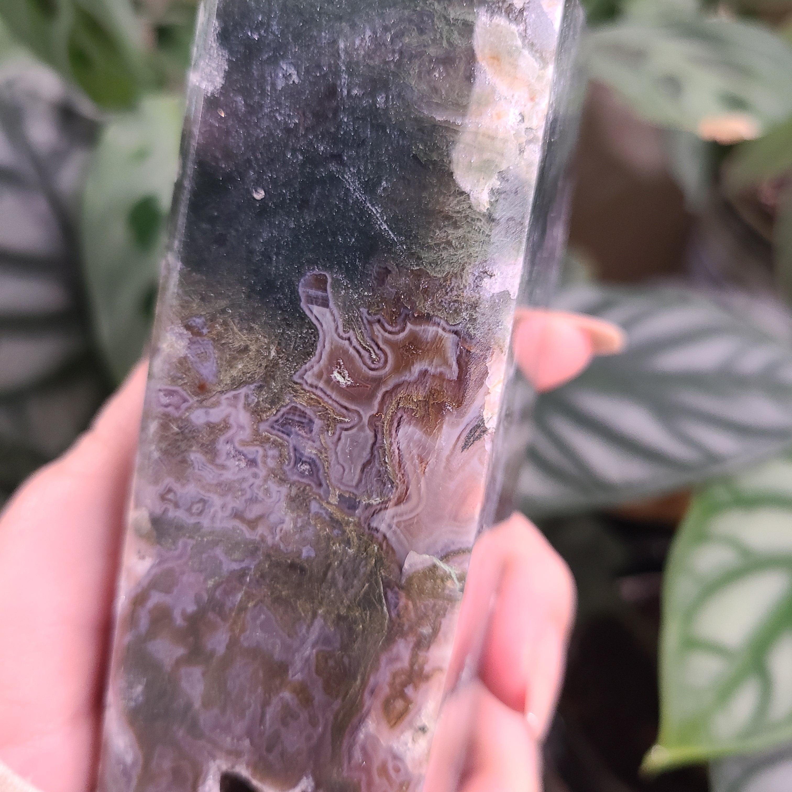 Moss Agate with Amethyst Obelisk - F