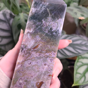 Moss Agate with Amethyst Obelisk - F