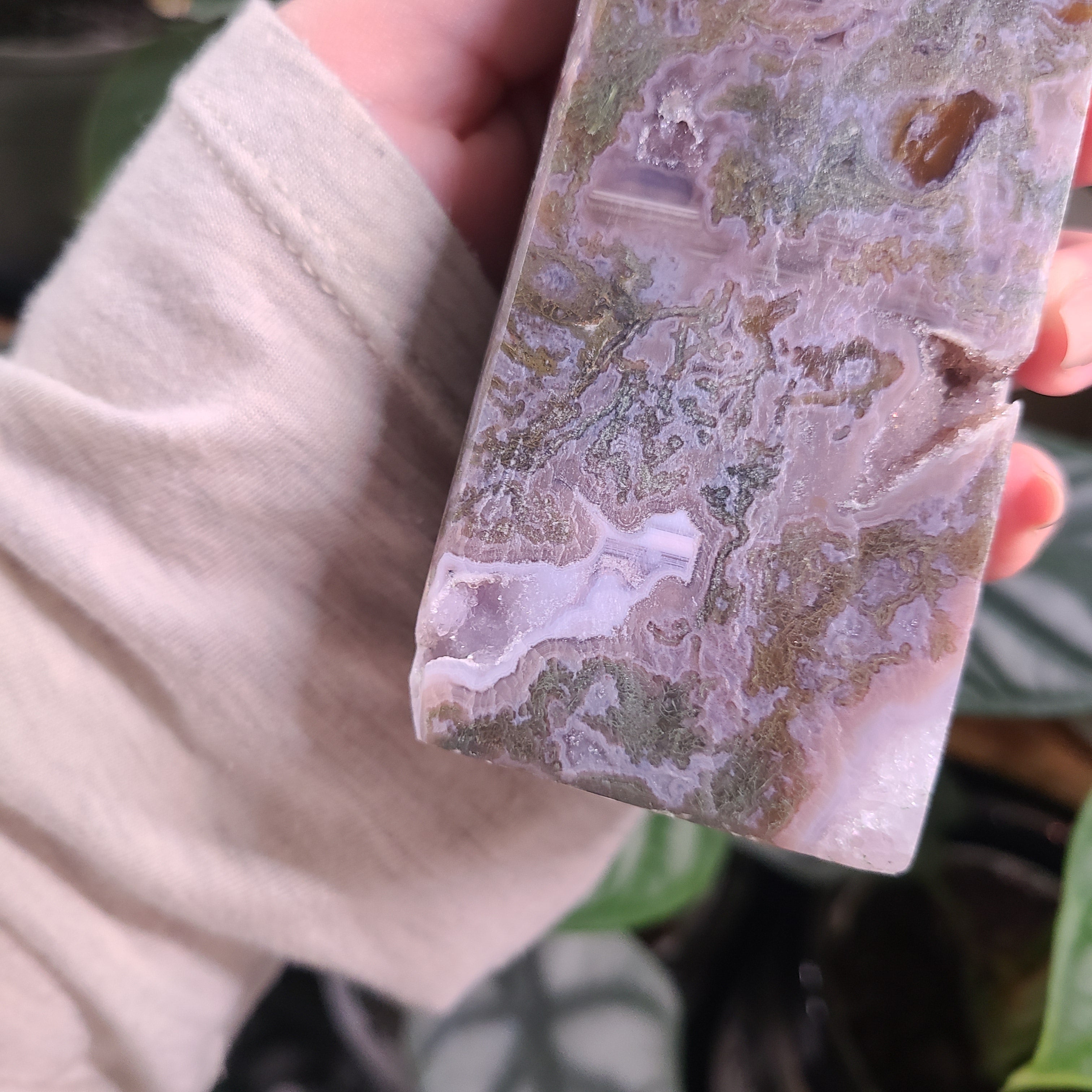 Moss Agate with Amethyst Obelisk - F