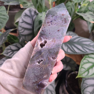 Moss Agate with Amethyst Obelisk - G