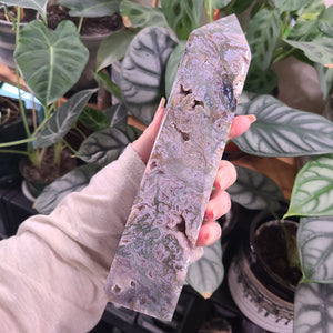 Moss Agate with Amethyst Obelisk - H
