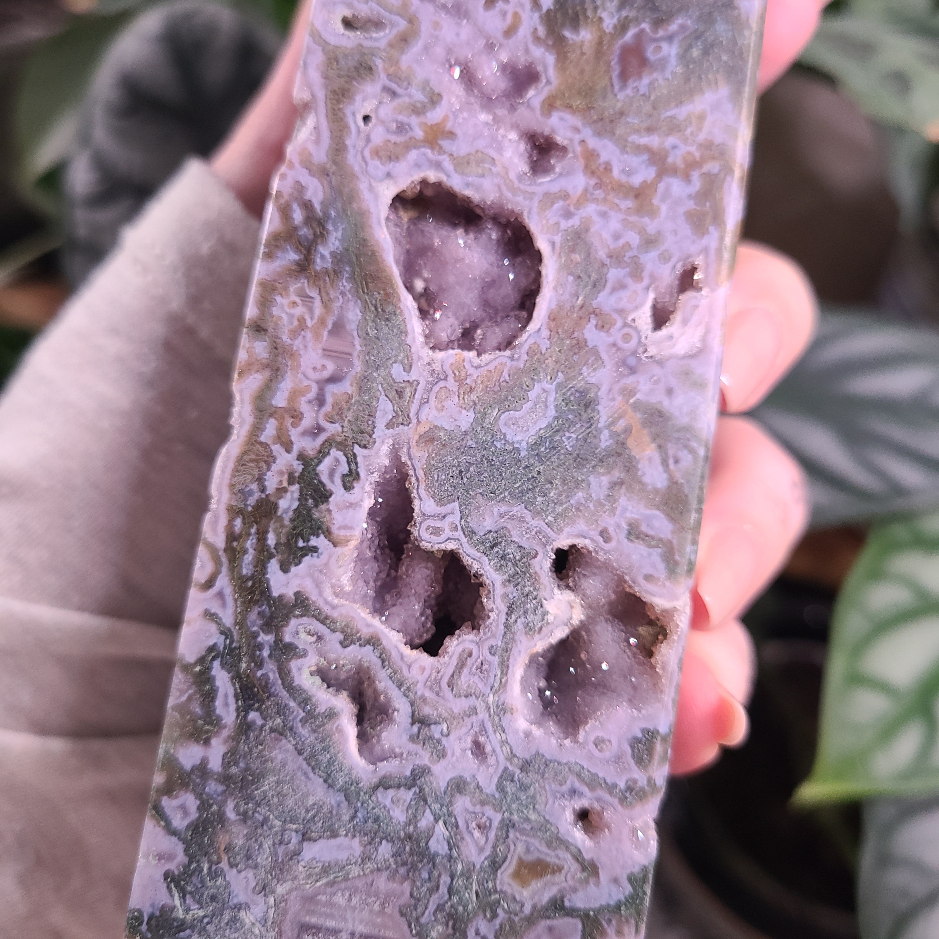 Moss Agate with Amethyst Obelisk - H