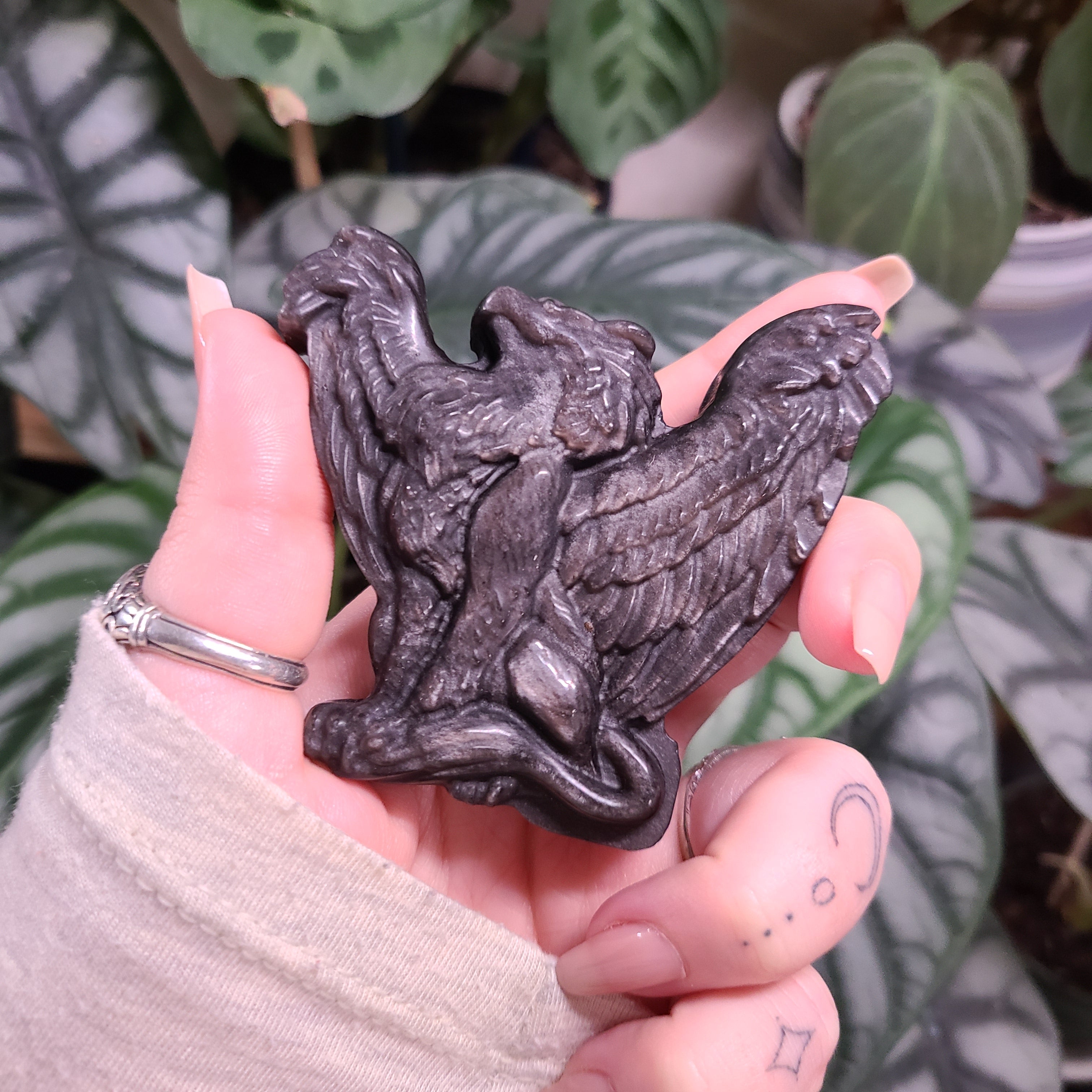 Silver Sheen Obsidian Griffin Carving