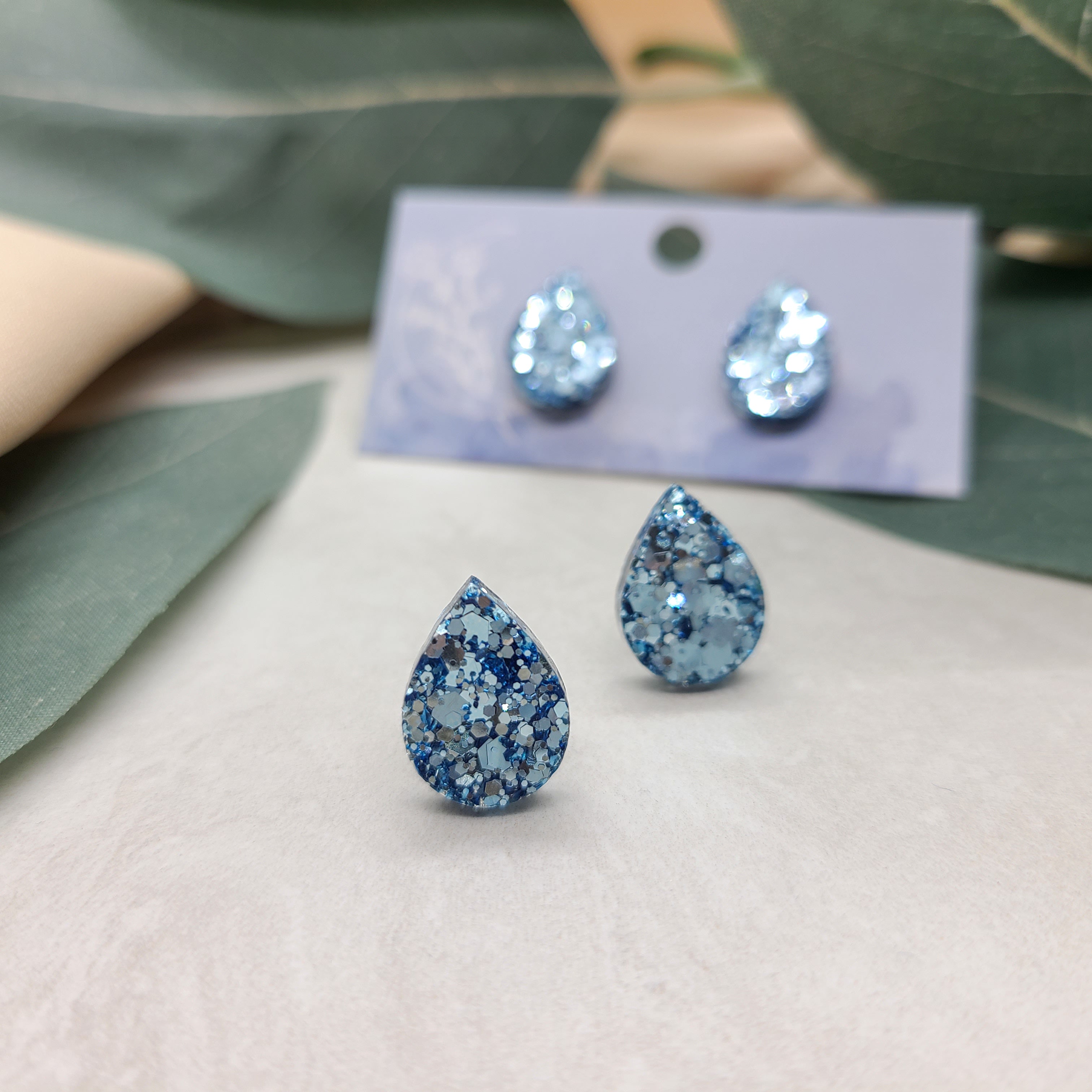 Baby Blue Glitter Teardrop Stud Earrings