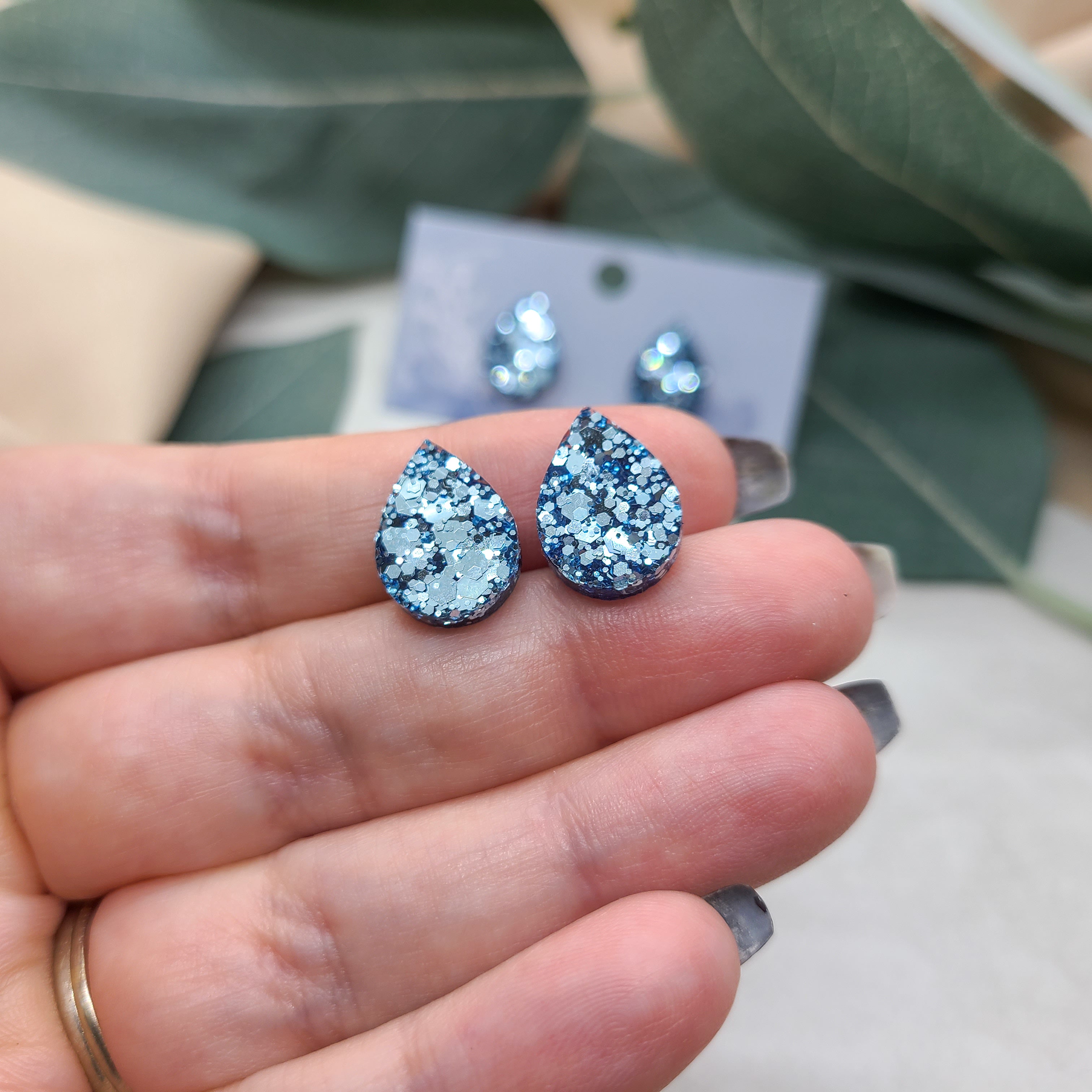 Baby Blue Glitter Teardrop Stud Earrings